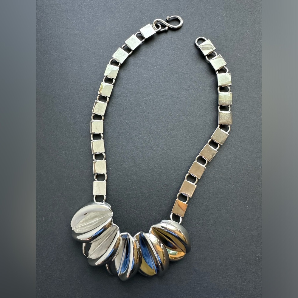 VTG Modernist Unique Shiny Chrome Necklace Chunky Bookchain Statement Tribal - Picture 6 of 7